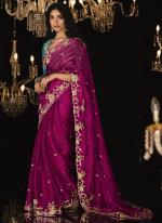 Stipe Shimmer Magenta Pink Party Wear Embroidery Work Saree